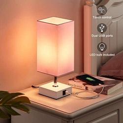 Touch Control Table Lamp with 2 USB Charging Ports, 3 Way Touch Lamps Beside Desk, Nightstand Lamp for Bedrooms Living Room, Pink Shade with White Base, LED Bulb Included(Pink)