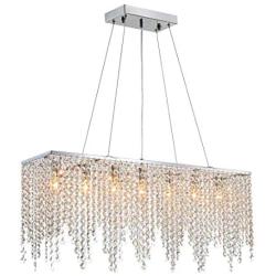 NOXARTE Crystal Chandelier Rectangular Modern Pendant Light Chrome Stainless Steel Ceiling Lighting Fixture for Dining Room Kitchen Island L 32''