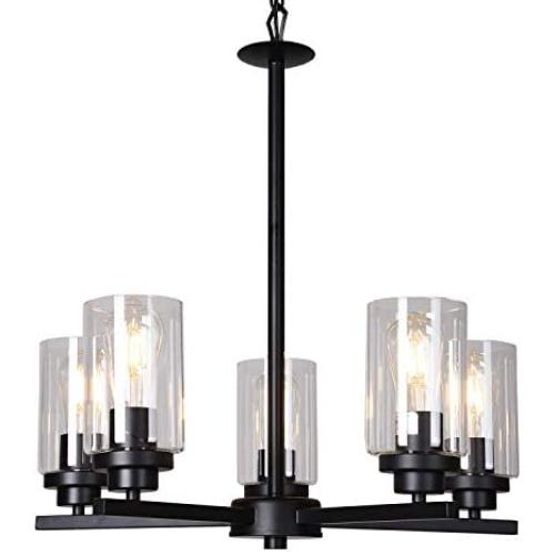 Doowin Chandelier Dining Room Lighting Fixtures Hanging, 5 Light Modern Chandelier Light Fixture Ceiling Light Dining Room Lights Black Finished with Clear Glass Lampshade for Entryway Foyer Kitchen