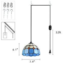 Stepeak Tiffany Style Plug in Pendant Light Mini Chandelier with 16.4 Ft Hanging Cord and in Line On/Off Dimmer Switch, Vintage Swag Ceiling Lamp for Dining Room, Bedroom or Porch (7.9'' in Width)