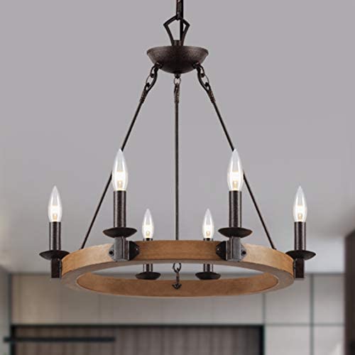 T&A 6 Light Farmhouse Chandelier,Imitation Wood Finish Wagon Wheel Chandelier,Rustic Style Candle Chandelier for Dining Room Kitchen Living Room