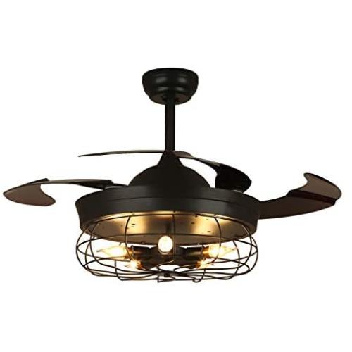 NOXARTE Industrial Ceiling Fan with Lights and Remote Control Reverse Retractable Blades Chandelier Lighting Fixture for Bedroom Living Room 36 Inch