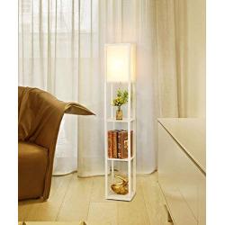 Garwarm LED Shelf Floor Lamp -Asian Wooden Frame-Tall Lights with Organizer Storage Display Shelves-Modern Standing Lamps for Living Room Bedrooms,White