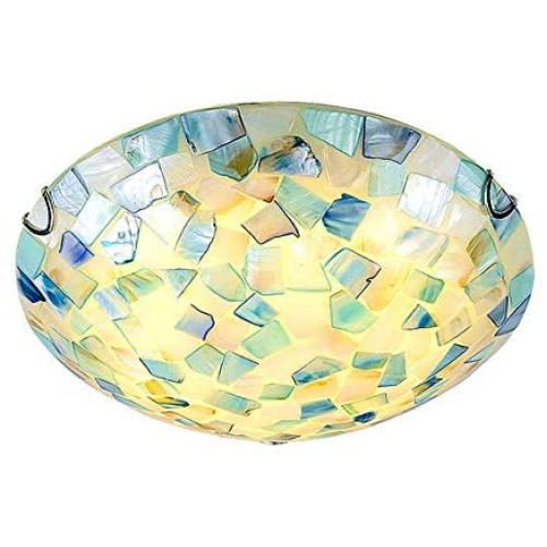 VinDeng Glass Blue Ceiling light Flush mount, E26 2-lights Tiffany style Ceiling lamp With Shell Decor Mediterranean Round Light fixture For Bedroom Dining room Restaurant-30CM