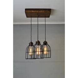 West Ninth Vintage Old Elm Wood Multi Pendant Farmhouse Chandelier - 3 Sockets with Black Cages