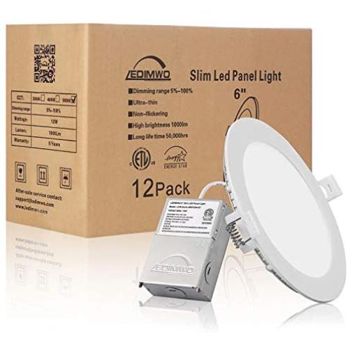 1100lm 5 Years Warranty 6 inch 5000K 12W No-Flicker No-Buzz Dimmable Recessed Lighting, 6 Led recessed Light, Led Ceiling Light, Led Can Lights, with Junction Box, 12 Pack ETL & Energy Star