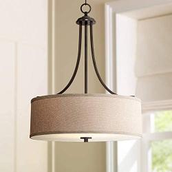 La Pointe Oil Rubbed Bronze Drum Pendant Chandelier 19 1/2'' Wide Oatmeal Linen Shade Fixture for Dining Room House Foyer Kitchen Island Entryway Bedroom Living Room - Franklin Iron Works