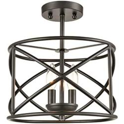 Industrial Metal Drum Black Semi-Flush Mount Ceiling Light for Dining Room, Kitchen, Hallway, Entry, Foyer, Living Room,2-Light