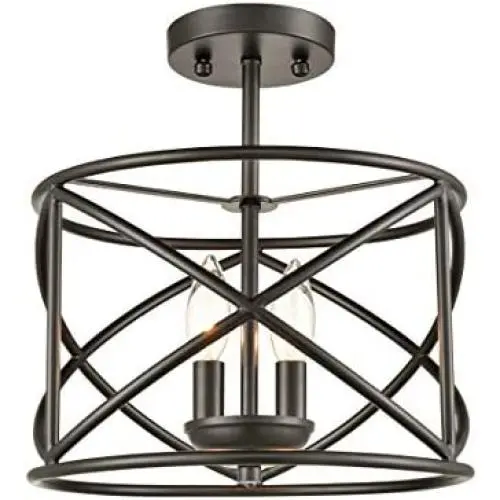 Industrial Metal Drum Black Semi-Flush Mount Ceiling Light for Dining Room, Kitchen, Hallway, Entry, Foyer, Living Room,2-Light