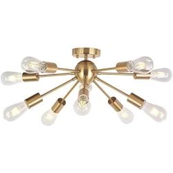 Modern Sputnik Chandelier Lighting 10 Lights Brushed Brass Semi Flush Mount Ceiling Light Gold Mid Century Pendant Lighting by BONLICHT