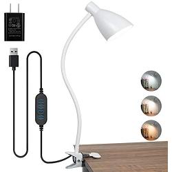 KAiSnova Clamp Lamp Clip on Reading Light 3 Color Modes 10 Brightness LED Desk Lamp Dimmer USB 360° Flexible Gooseneck Table Lamp Night Eye-Care Light for Office Headboard Bedroom, Include AC Adapter