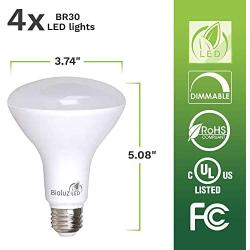 4 Pack BR30 Flood Light Bulbs Indoor Outdoor by Bioluz LED Instant ON DIMMABLE Cool White 5000K 65-95 Watt Replacement Using 9.5 Watts 90+ CRI UL Listed 2016 JA8 High Efficiency Lighting