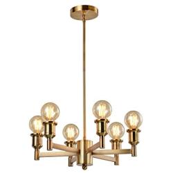 FLSNT 6-Light Vintage Brassy Metal Chandelier for Foyer,Dining Room,Living Room,Adjustable Height(No Bulbs)