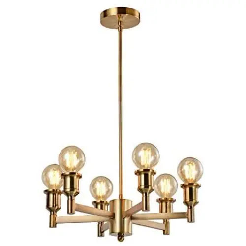 FLSNT 6-Light Vintage Brassy Metal Chandelier for Foyer,Dining Room,Living Room,Adjustable Height(No Bulbs)