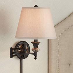 Westbridge Swing Arm Wall Lamp Bronze Faux Marble Plug-in Light Fixture Linen Polyester Blend Shade for Bedroom Bedside Living Room Reading - Barnes and Ivy