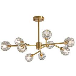 NOXARTE Gold Sputnik Chandelier 9 Lights Starburst Pendant Lighting with Crystal Globe Shade Modern Brass Ceiling Light Fixture for Living Room Bedroom