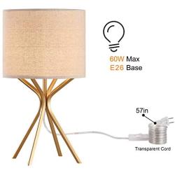 Gold Table Lamp, Kakanuo Modern Bedside Lamp 17 Inches with Linen Shade & Bright Gold Finish Metal Base (Transparent Cord), UL Certification, Lamp for Living Room Bedroom etc.