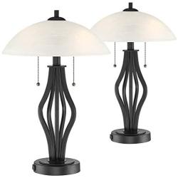 Heather Modern Accent Table Lamps Set of 2 with USB Port and AC Power Outlet in Base Dark Metal Base Glass Dome Shade for Living Room Bedroom Bedside Office - 360 Lighting