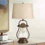 Fredrik Rustic Industrial Farmhouse Table Lamp with Nightlight Antique Edison Style LED Bronze Lantern Burlap Tapered Drum Shade for Living Room Bedroom Nightstand Office - Franklin Iron Works Fredrik Rustic Industrial Farmhouse Table Lamp with Nightlight Antique Edison Style LED Bronze Lantern Burlap Tapered Drum Shade for Living Room Bedroom Nightstand Office - Franklin Iron Works