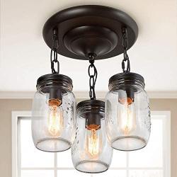 LALUZ Flush Mount Light Fixture, Mason Jar Lights for Kitchen, Dining Room, Oil Rubbed Bronze, L11.8'' × W11.8'' ×H13”