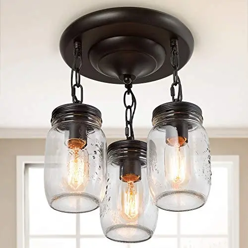 LALUZ Flush Mount Light Fixture, Mason Jar Lights for Kitchen, Dining Room, Oil Rubbed Bronze, L11.8'' × W11.8'' ×H13”