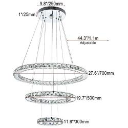 Crystal Chandelier, 27.5'' x 19.6'' x 11.8'' Dining Room Living Room Modern LED Ceiling Pendant Light Contemporary 3 Rings Adjustable Stainless Steel Lighting Fixtures (3r Cool White)