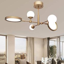 Joyxeon Modern Sputnik Chandelier 5 Light, Mid Century Frosted Glass Globe Pendant Lighting, DNA Satin Brass Ceiling Light Fixture for Living Room Low Ceiling Bedroom- with LED Neutral White 3350Lm