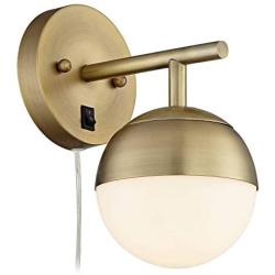 Luna Mid Century Modern Wall Lamp Antique Brass Plug-in Light Fixture Frosted Glass Globe Shade for Bedroom Bedside Living Room Reading - 360 Lighting