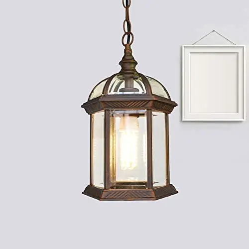 LITFAD Antique Bronze Lantern Ceiling Hanging Light with Clear Glass Shade 1 Bulb 9.5'' L Vintage Outdoor Waterproof Lighting Industrial Pendant Light for Dining Room Restaurant Bar Courtyard