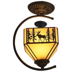 LITFAD Lodge Style Ceiling Lamp 110V-120V Deer Pattern Square Semi Flush Mount Ceiling Light with Wrought Iron Arm, Up Lighting LED Pendant Lighting for Dining Room Bedroom Corridor