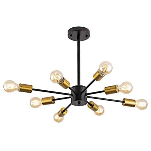 8 Lights Sputnik Ceiling Light Modern Mid Century Semi Flush Mount Chandelier Gold Black Industrial Pendant Lighting Fixture for Kitchen Dining Room Bedroom Foyer Coffee Bar