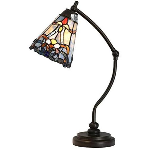 Bieye L10688 Baroque Tiffany Style Stained Glass Rocker Arm Reading Desk Lamp Night Light with 6 inch Wide Blue Shade for Working Reading Bedside Bedroom Living Room, 19 inch Tall