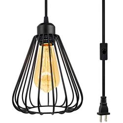 Industrial Plug in Pendant Light E26 Vintage Hanging Cage Pendant Lighting, Black Cage Pendant Light Fixture with On/Off Switch, Farmhouse Hanging Pendant Lights for Kitchen Dining Room Living Room