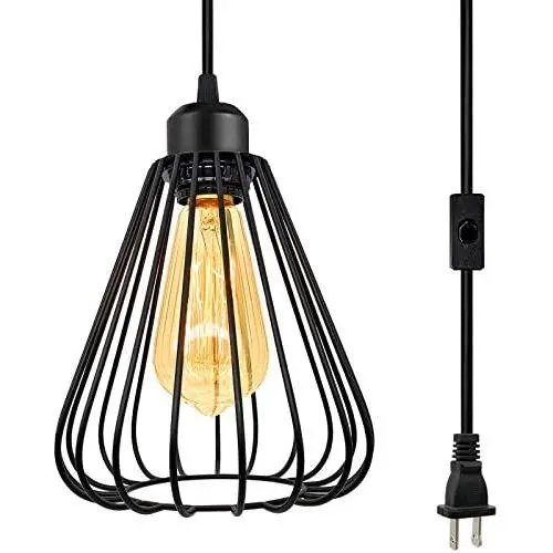 Industrial Plug in Pendant Light E26 Vintage Hanging Cage Pendant Lighting, Black Cage Pendant Light Fixture with On/Off Switch, Farmhouse Hanging Pendant Lights for Kitchen Dining Room Living Room