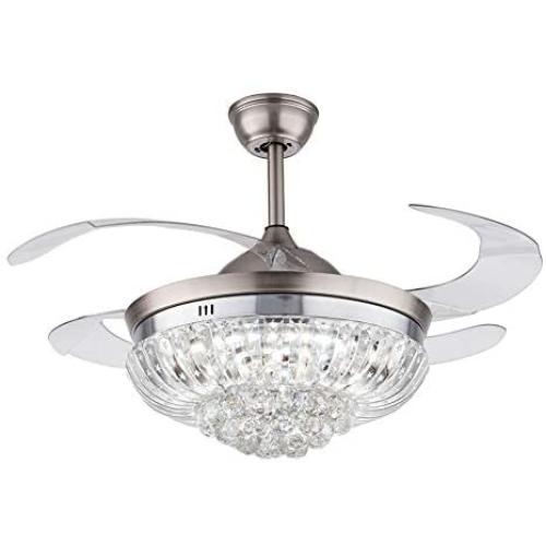 42 Modern Crystal Ceiling Fan Light Invisible Retractable Fan Blades Lamp Chandelier LED Silver with Remote Control 3 Speeds 3 Colors for Living Room Bedroom (Silver)