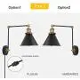 Plug in Wall Sconce Swing Arm Modern Wall Lamp 2 Pack, Matte Black and Brass Finish, Wall Mounted Adjustable Light Fixture for Bedside, Living Room, Bathroom, Home Decor