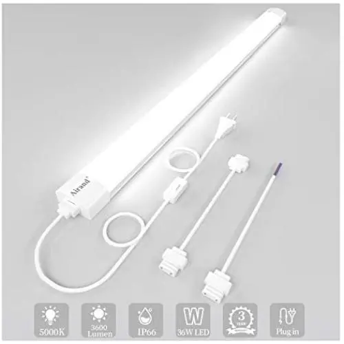 Utility LED Shop Light fixture with Plug, Airand 36W 3600lm Bright White LED Tube Light Ceiling Light for Kitchen, Bedroom, Bathroom, Corded Electric with ON/Off Switch, Linkable, Waterproof IP66, 4FT