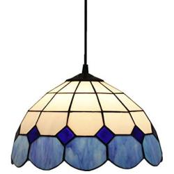 12 Inch Tiffany Style Chandeliers, 1 Light, Vintage Stained Glass Dining Room Ceiling Light Fixtures, Retro Decoration Pendant Hanging Lamp for Bedroom Living Room Restaurant,Blue