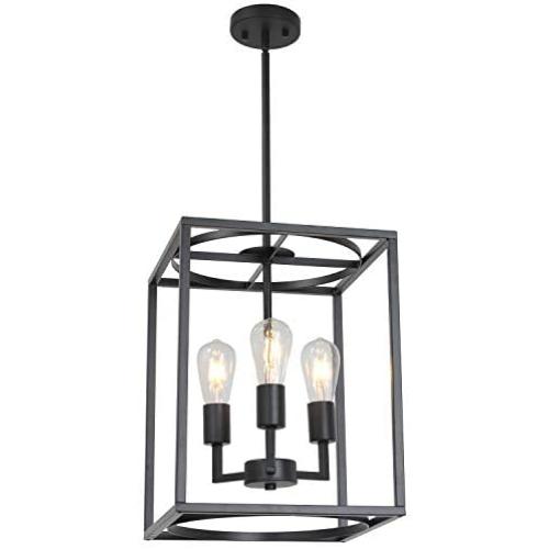 BONLICHT Rustic Hall Foyer Cage Chandelier 3-Light Vintage Industrial Farmhouse Lantern Square Pendant Hanging Lighting Black Kitchen Island Ceiling Light Fixture for Dining Room Hallway Bar