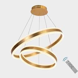 AKEELIGHTING Contemporary Led Chandeliers Gold Modern Pendant Lighting 2 Ring LED Dimmable Dining Room Lighting with Remote for Bedroom Neutral White 4000k