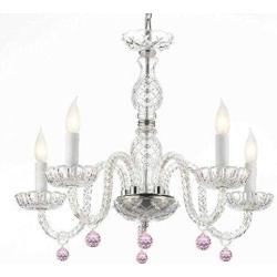 Murano Venetian Style Chandelier Lighting with Pink Crystal Balls! H 25'' W 24'' - Perfect for Kids and Girls Bedroom!