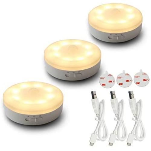 Rechargeable Motion Sensor Light 1000mAH LED Puck Lights, Stick Anywhere Light, Cordless Closet Light, Automatic Under Cabinet Lighting for Counter,Pantry,Wardrobe,Hallway,Stairs,Warm White 3 Pack