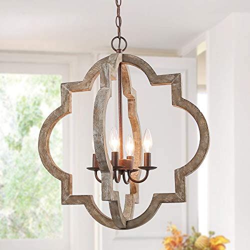 GEPOW Farmhouse Orb Chandelier, Large Handmade Wood Light Fixture for Dining Room, Bedrooms, Living Rooms and Foyer