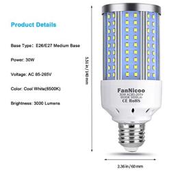 2-Pack 200W Equivalent LED Corn Light Bulb, 3000 Lumen 6500K Cool White Daylight 30W LED Corn Lamp E26/E27 Medium Base for Indoor Outdoor Warehouse Garage Basement Backyard Factory Barn and Many Areas