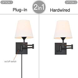 Pauwer Plug in Wall Sconce Set of 2 Adjustable Swing Arm Wall Lamps for Bedroom White Fabric Shade Wall Light Fixture Indoor with Plug in Cord and Switch