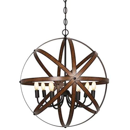 Six-Light Pendant Lighting, Rustic Industrial Chandelier, 23.8 in Globe Metal Ceiling Light, Farmhouse Light Fixture for Kitchen Island Dining Room Entryway Foyer Hallway, ETL Listed