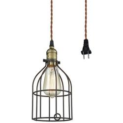 AXILAND Industrial Vintage Style Mini Plug in Pendant Light Metal Bird Cage Edison Hanging Light with Toggle Switch