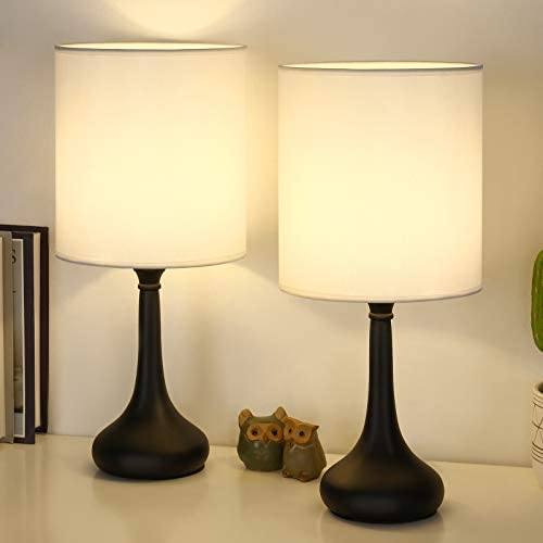 Modern Bedside Lamp, Small Nightstand Table Lamp with White Fabric Lampshade, Black Metal Desk Lamps for Bedroom Living Room Dorm Study or Office