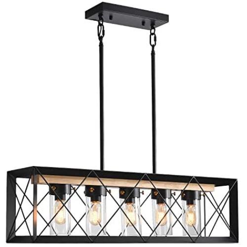 5-Light Industrial Kitchen Island Pendant Lighting, Unique Bevel Welding Rectangular Vintage Rustic Hanging Pendant Light Fixtures for Kitchen Bar Dining Room with Glass Shades (Bulb not Included)