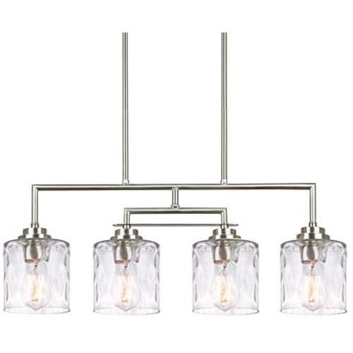 Kira Home Monroe 28'' Modern 4-Light Island Light, Free Swinging Center Arm + Hammered Glass Shades, Adjustable Hanging Height, Brushed Nickel Finish